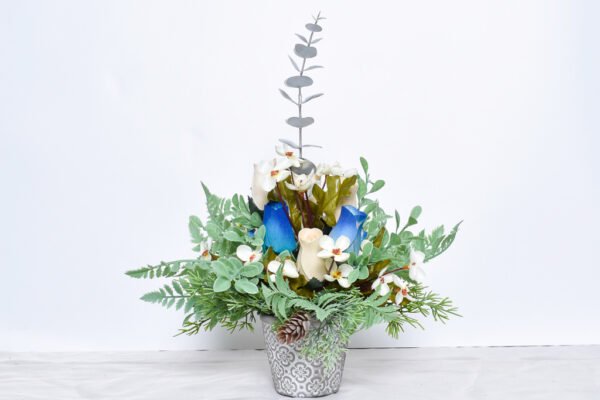 Small Silver and Blue Christmas Arrangement