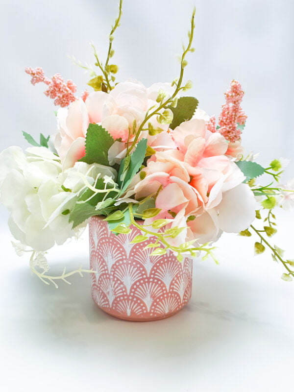 Table Arrangement. Hydrangeas. Artificial Flowers. Ceramic Pot.