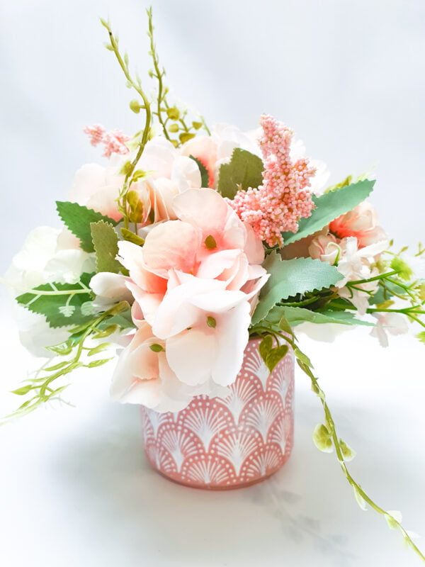 Table Arrangement. Hydrangeas. Artificial Flowers. Ceramic Pot.